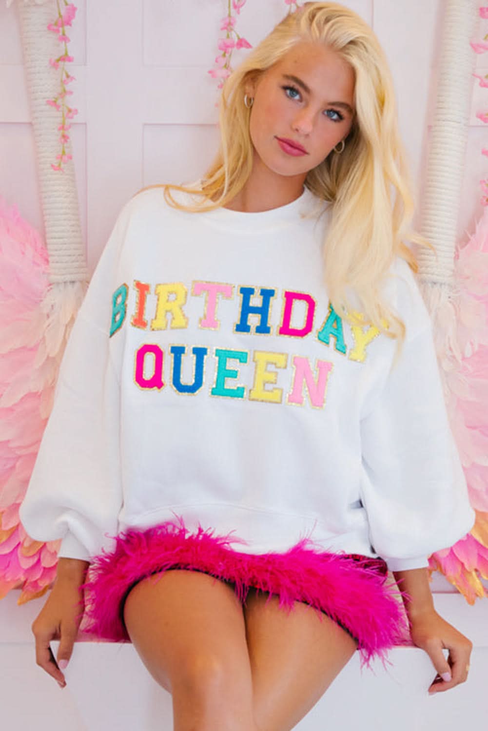 White BIRTHDAY QUEEN Graphic Balloon Sleeve Sweatshirt - Love Salve